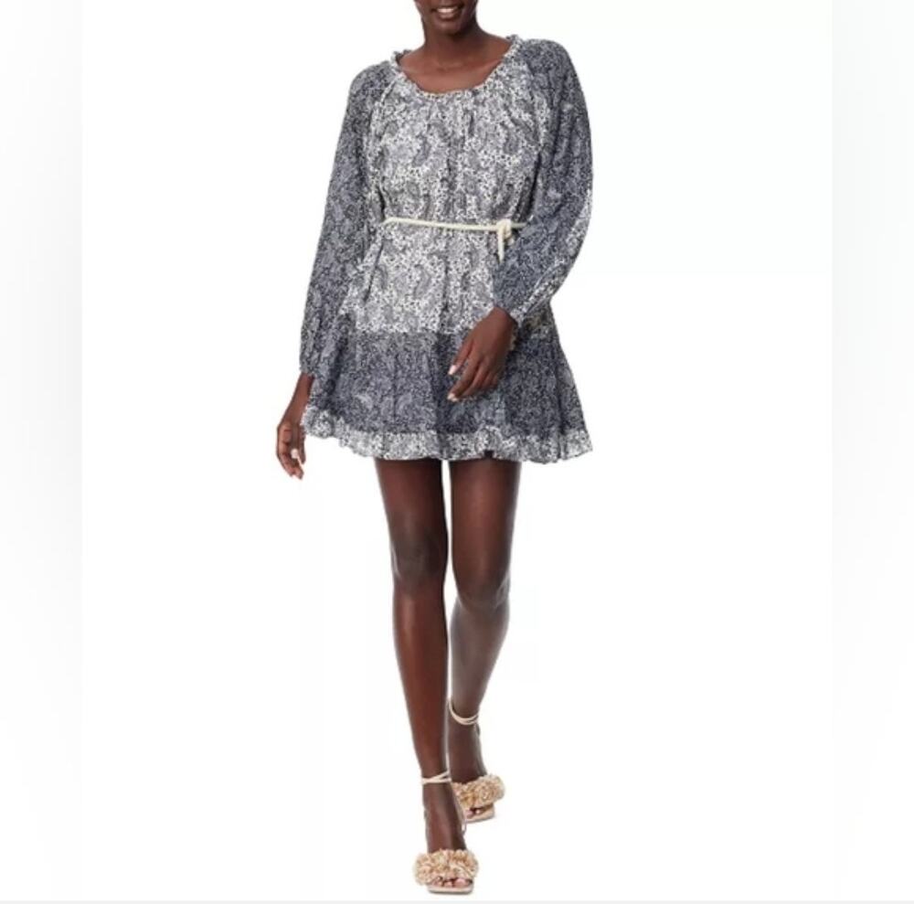 Sam Edelman Rainey Scoop Neck Floral Mini Dress Size M Cotton Long Sleeve Belted